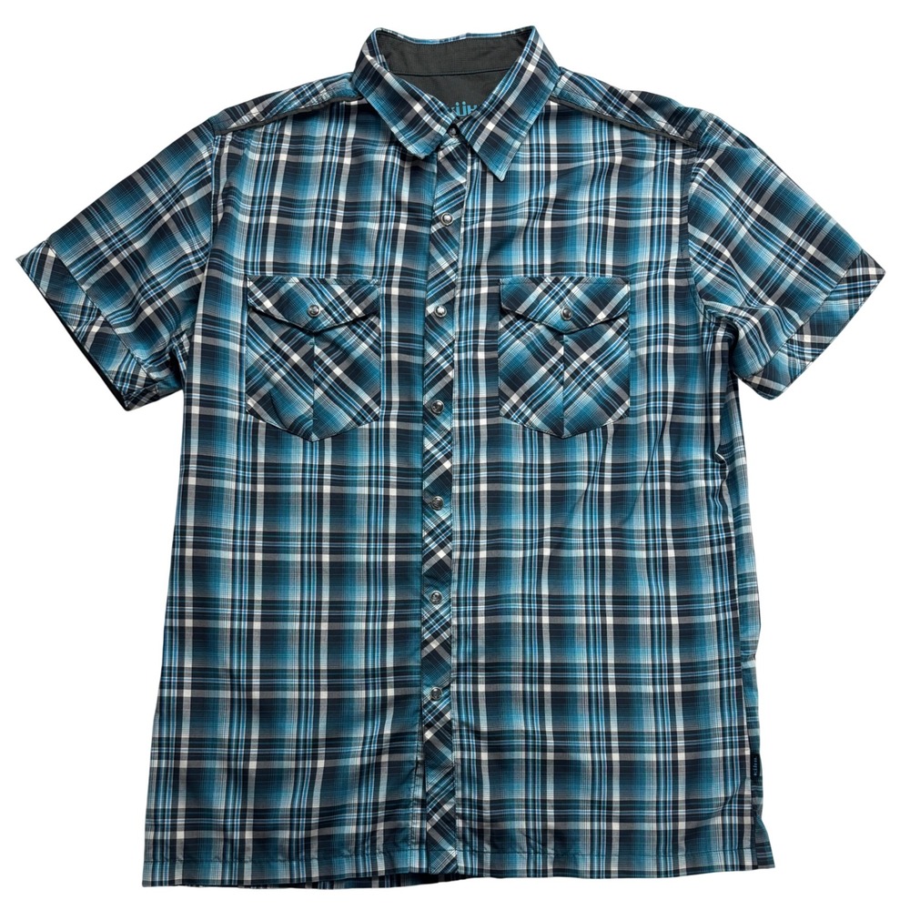 Kuhl Eluxur Mens Medium‎ Blue Plaid Short Sleeve Snap Front Performance Shirt M